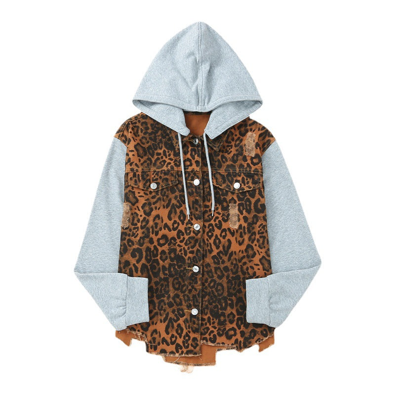 Wholesale Autumn Outfit New Pure Cotton Denim Jacket Leopard Print Patchwork Hooded Jacket