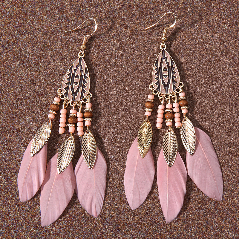 Wholesale Water Drop Tassel Feather Simian Pearl Earrings