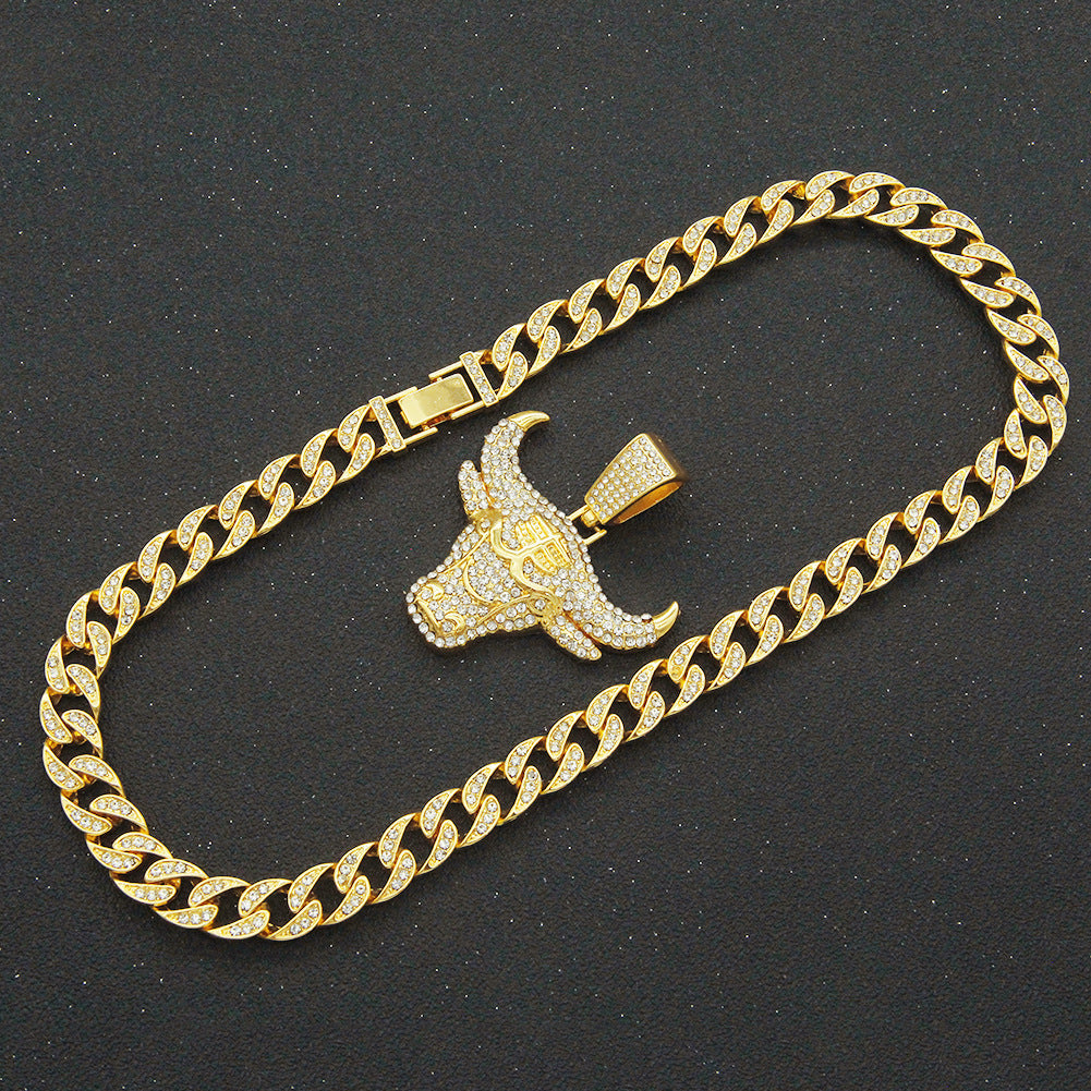 Wholesale Hip-Hop 3D Diamond Bull Head Necklace