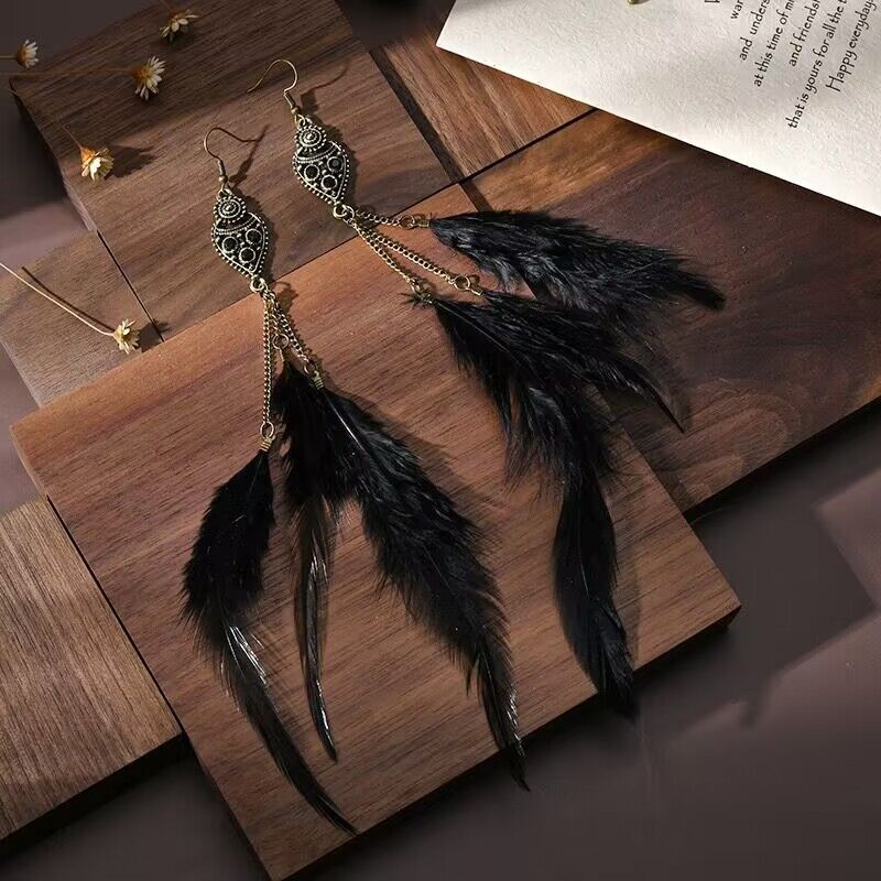 Wholesale long chain feather earrings ethnic style seaside earrings