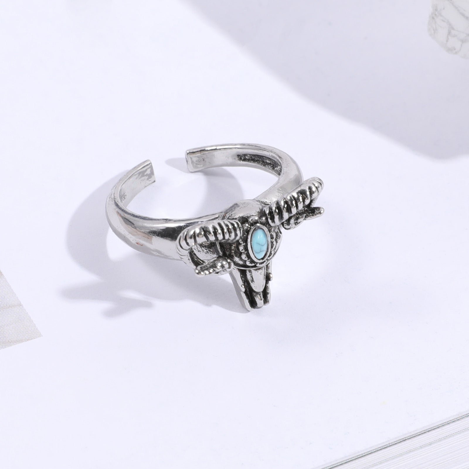 Wholesale Personalized Western style blue turquoise alloy sheep head ring
