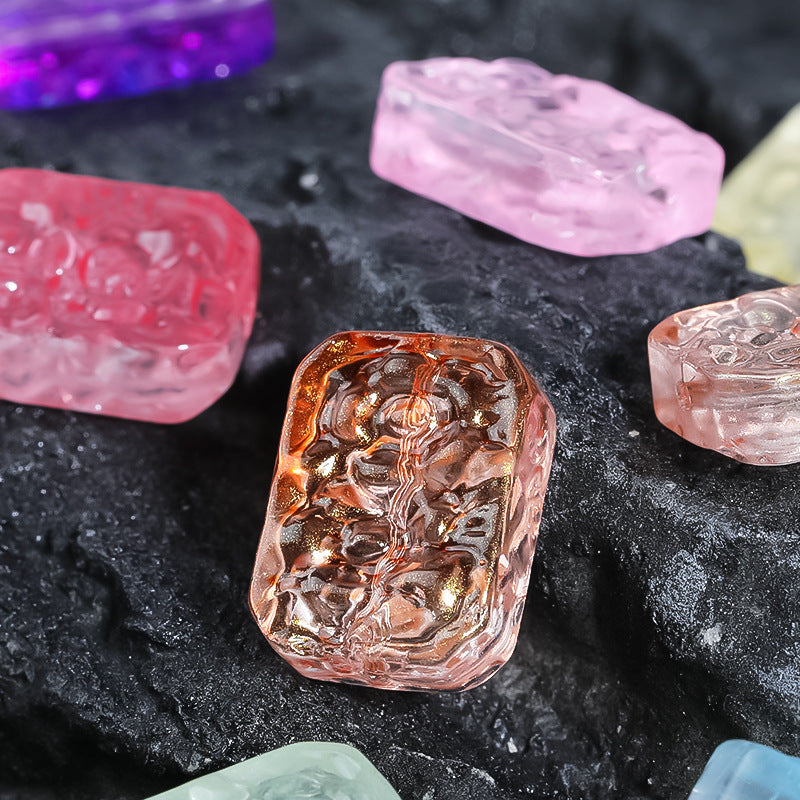 Wholesale 100pcs Glass Double Sided Flower Sign Imitation Jade Square Sign Through Hole Beads DIY