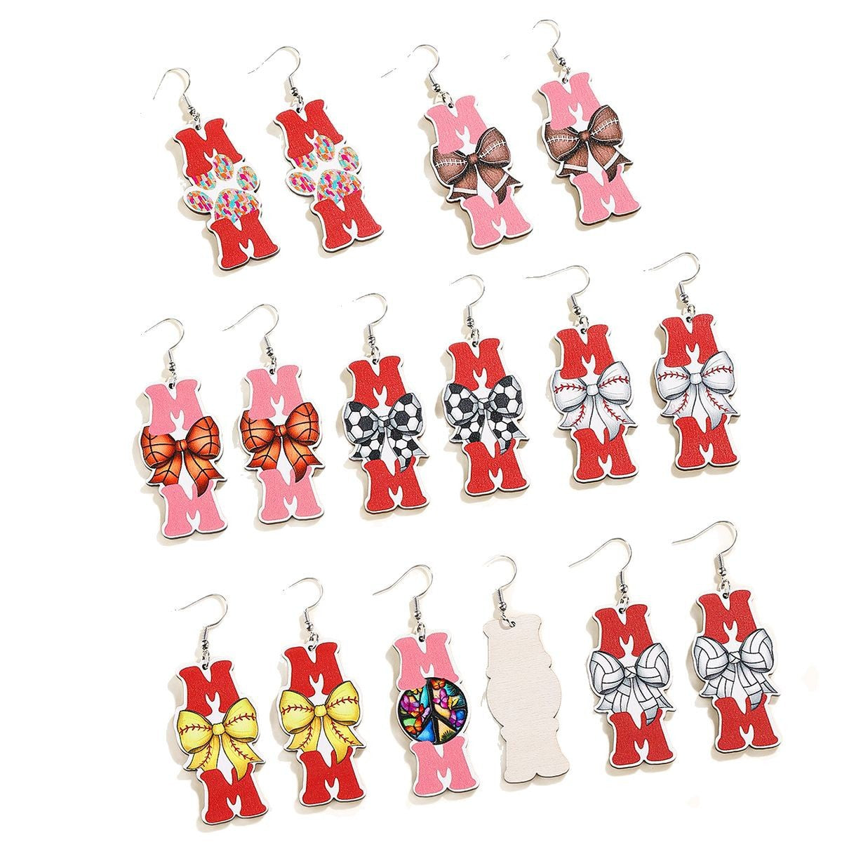 Wholesale Mother' s Day Wooden Earrings Sports Baseball Shiny Earrings Bow Jewelry