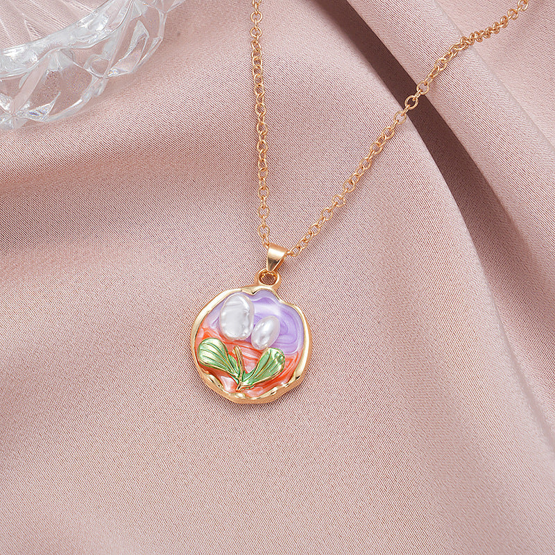 Wholesale Rose oil painting colored pearls colored necklace clavicle chain