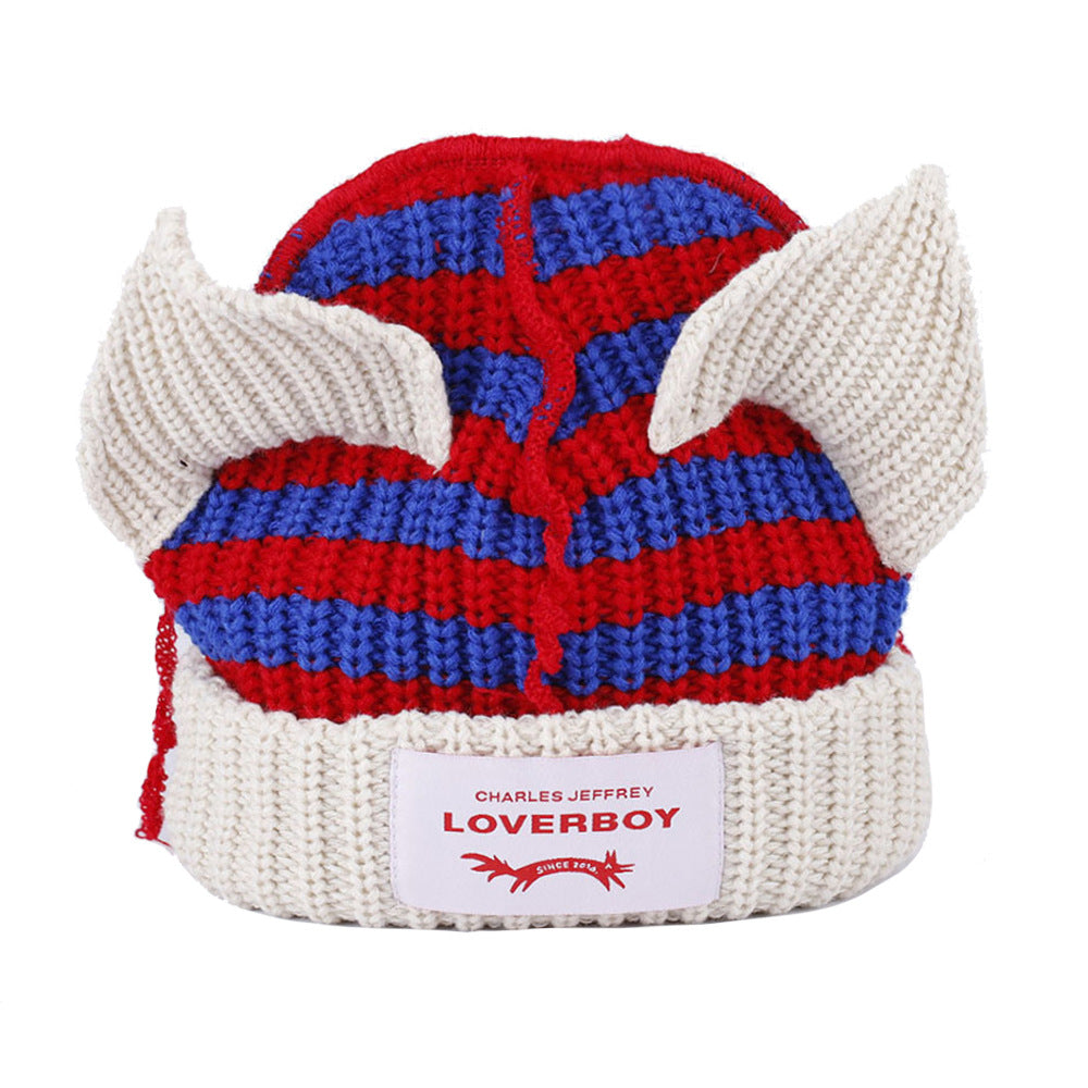 Wholesale Autumn and Winter Pig Ears Color Block Striped Knitted Acrylic Beanie