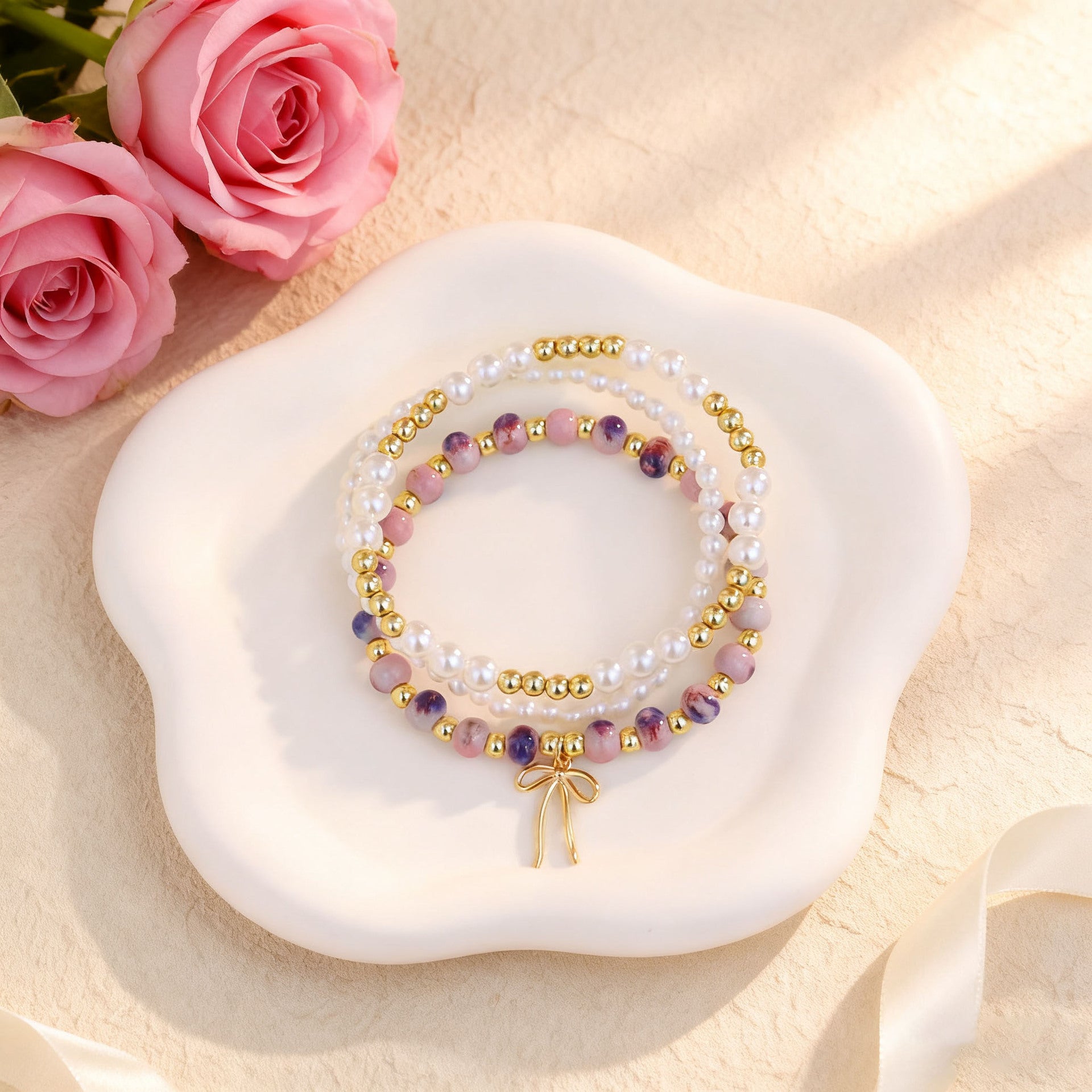 Wholesale Bohemian Blue and White Porcelain Bow Layered Bracelet Set