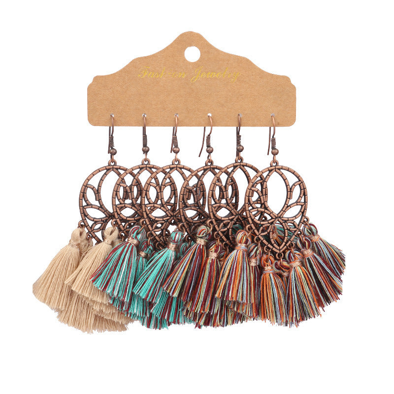 Wholesale Vintage Distressed Geometric Tassel Flower Earrings Set