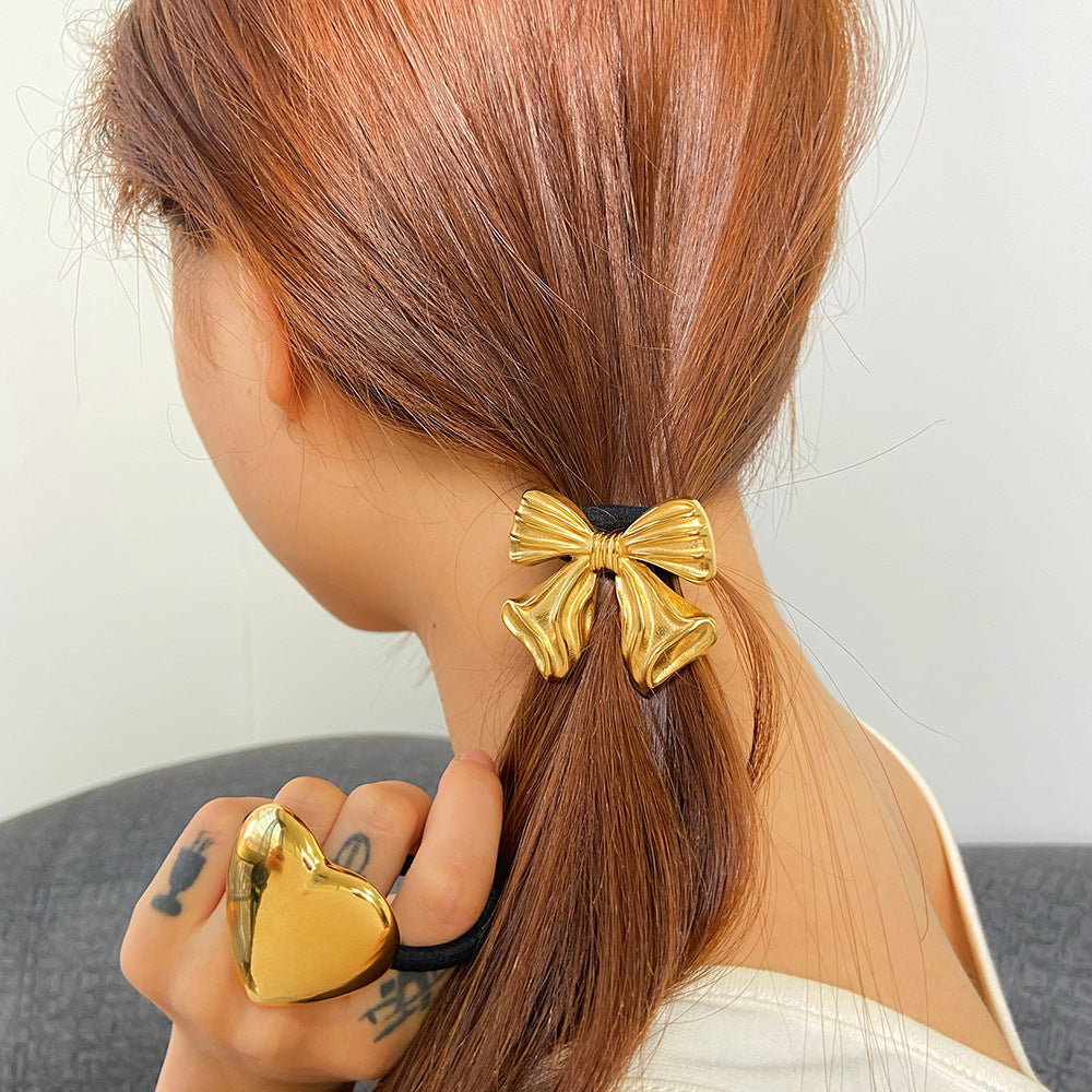 Wholesale Stainless Steel Metal High-grade Ins Rubber Band Love Bow Ponytail Hair Rope
