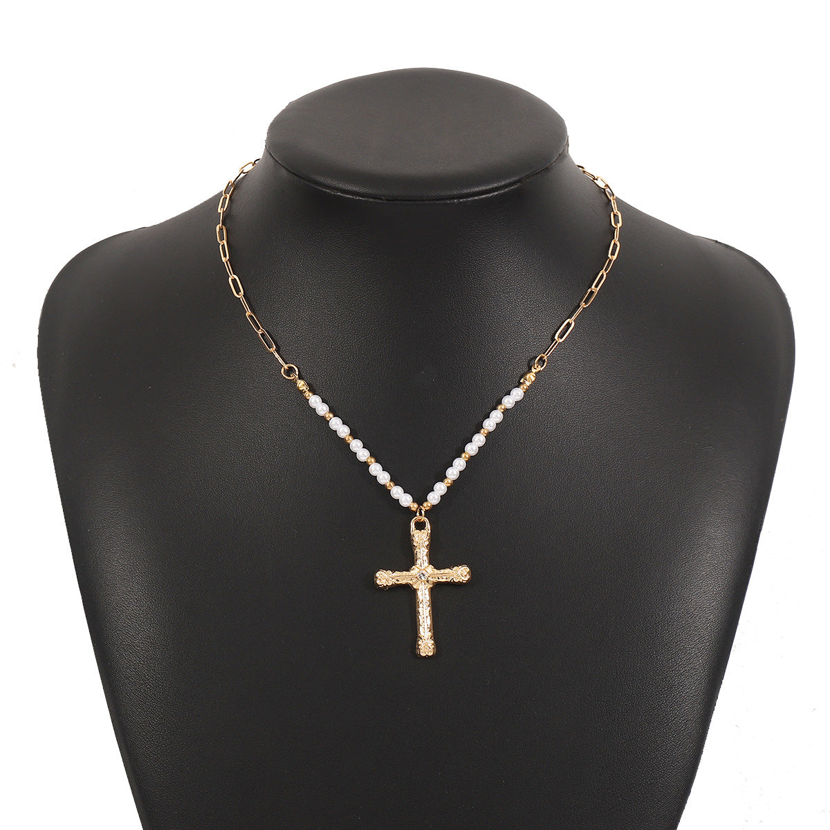 Wholesale Simple Gothic Style Cross Pearl Stitching Stacking Style Clavicle Necklace