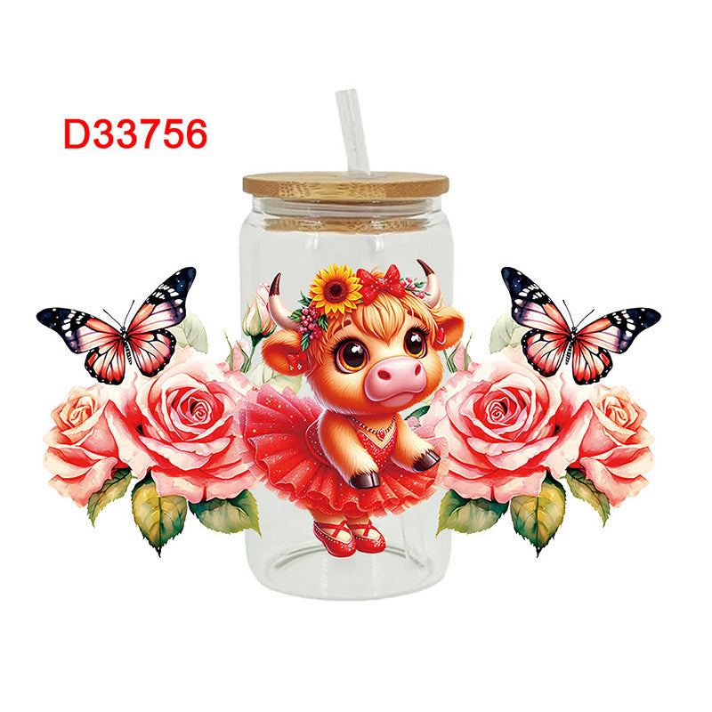 Wholesale Colorful flowers Western style cute cow 16oz Cup UV DTF Wraps