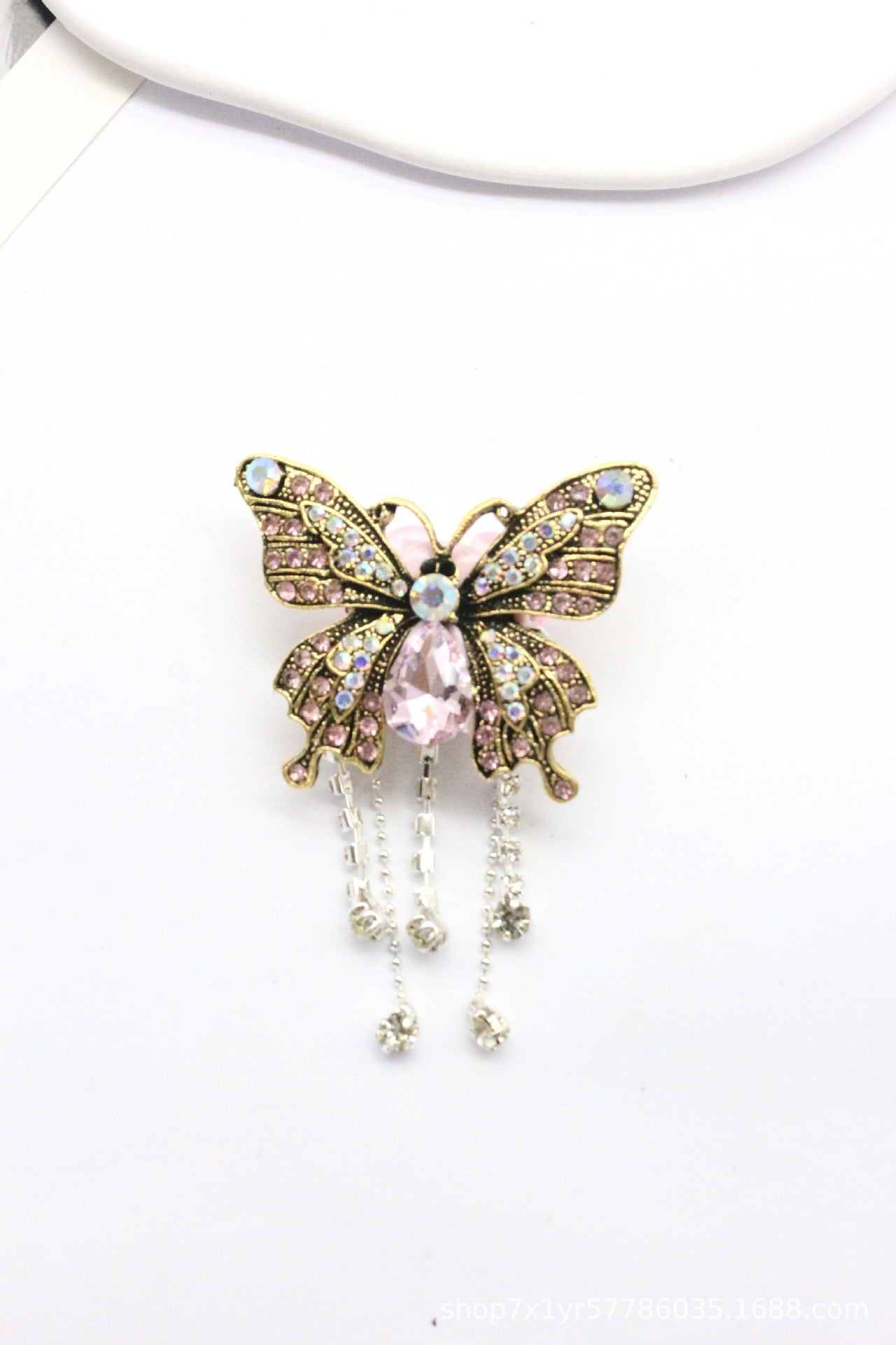 Wholesale Full Diamond Vintage Gold Rhinestone Tassel Butterfly Brooch