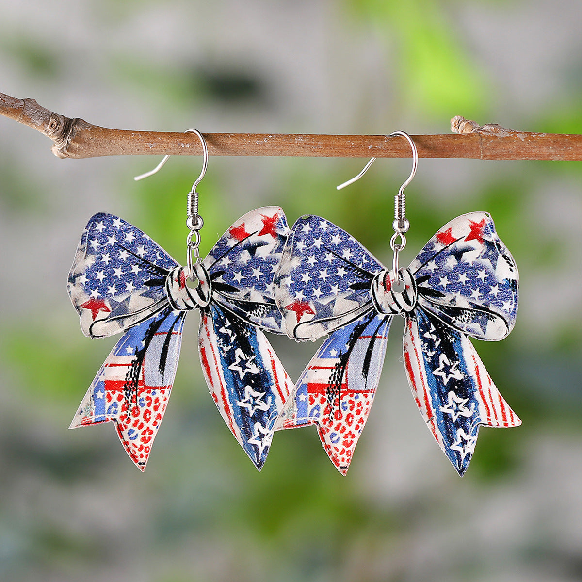 Wholesale New Independence Day Red White Blue Bow Cherry American Flag Pendant Earrings Acrylic Earrings