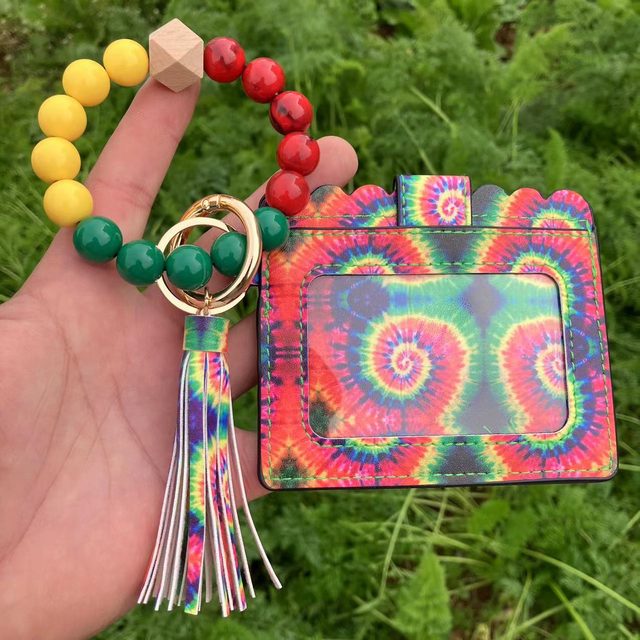 Wholesale Colorful Beads PU Leopard Snake Print Coin Purse Keychain