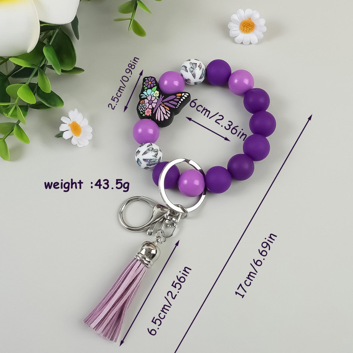 Wholesale Butterfly Pendant Beaded Wristlet Keychain Solid Color Silicone Wooden Keychain