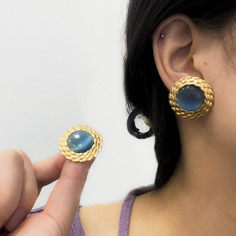 Wholesale Antique Multicolor Round Fried Dough Twists Plated 18k Gold Opal Stainless Steel Earrings