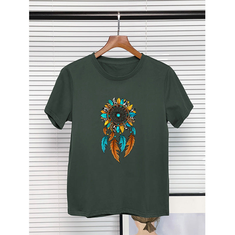 Wholesale Round Neck Pure Cotton Dream Catcher Printed Short Sleeves