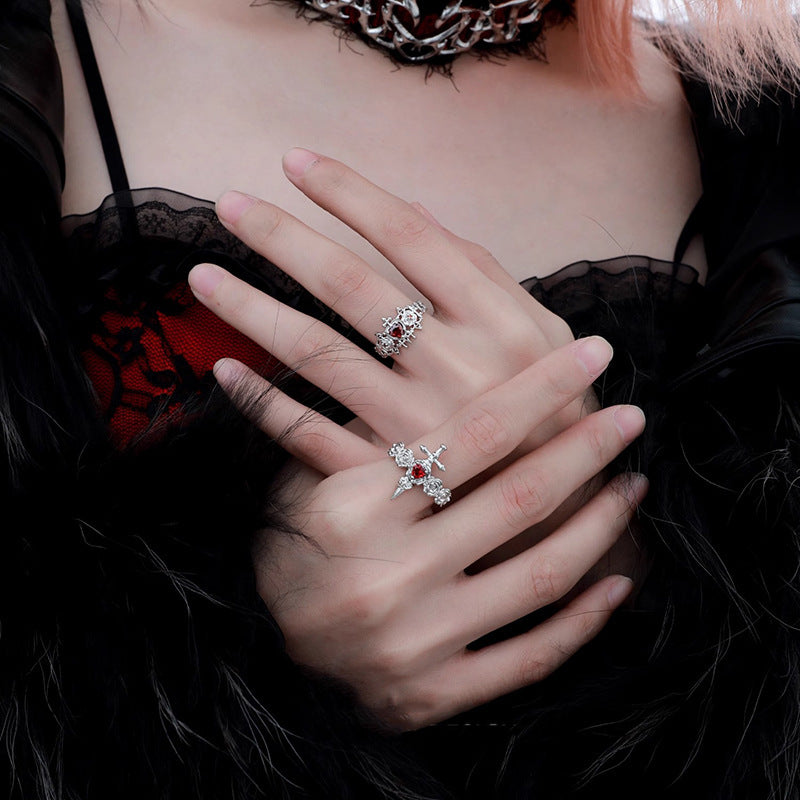 Wholesale Gothic dark style rose cross heart open ring