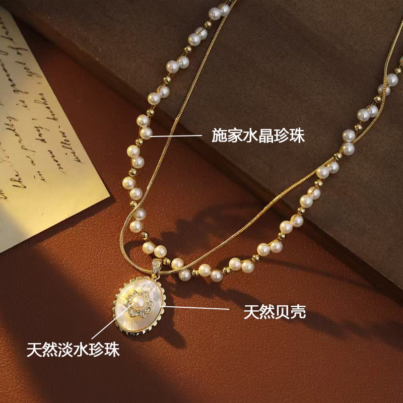 Wholesale Rose flower double pearl necklace clavicle chain