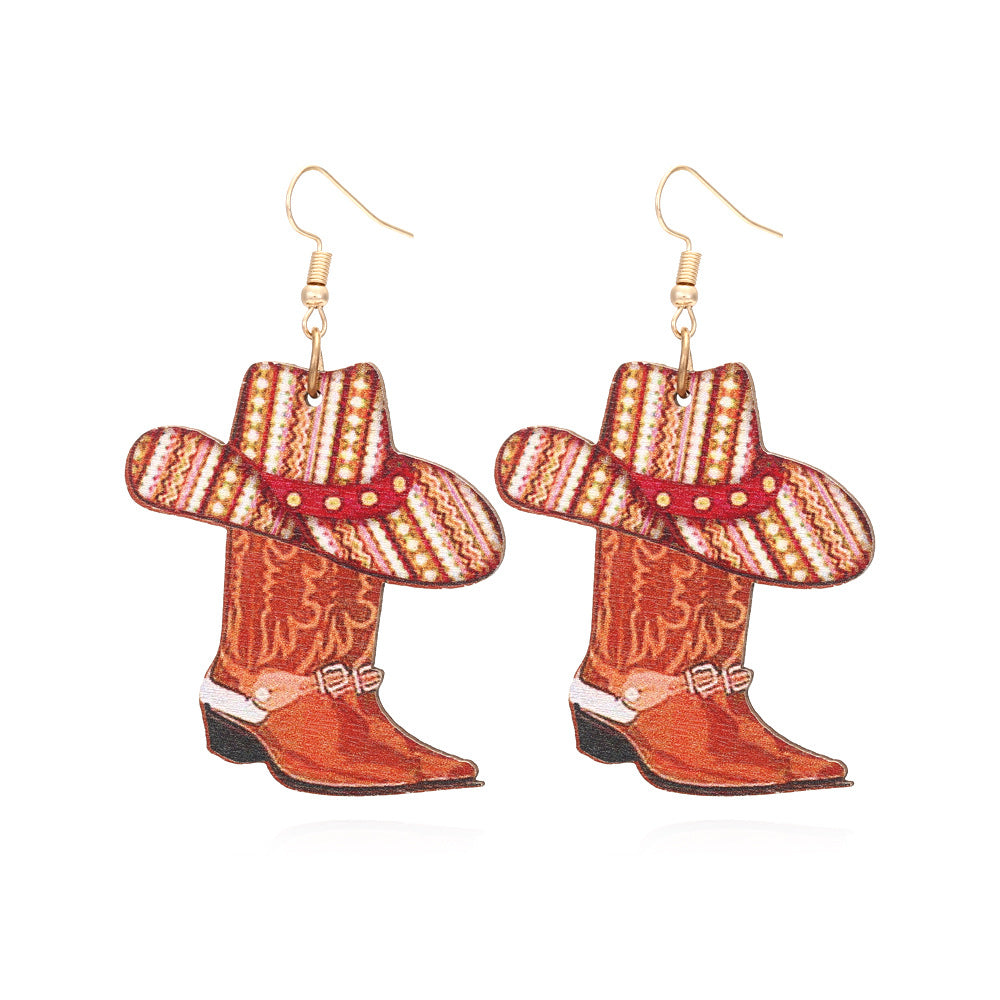 Wholesale Cowboy Hat Boots Wooden Earrings