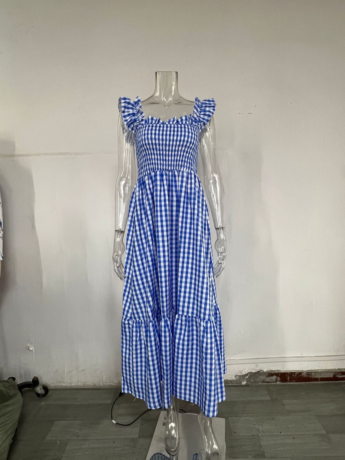 Wholesale Women's Collage Plaid Suspender Elastic Swing Dress