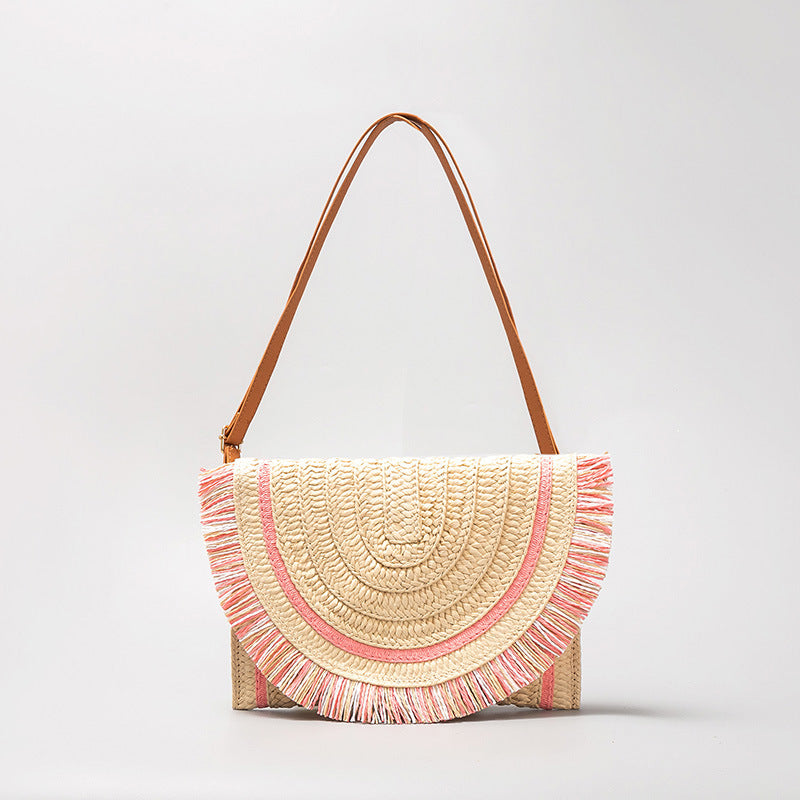 Wholesale Crossbody Hand-held Ethnic Style Summer Beach Tassel Straw Bag