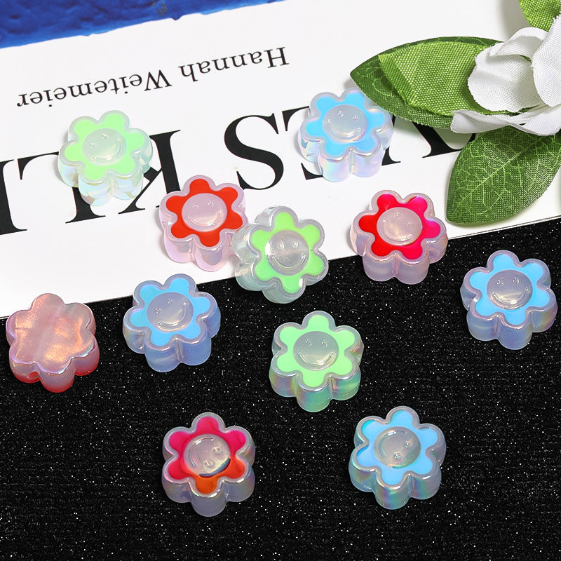 Wholesale 100pcs Luminous Acrylic Drip Oil Beads Smiley Face Sunflower DIY Straight Hole Beads