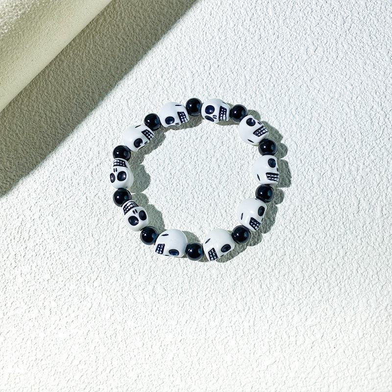 Wholesale Halloween  Black and White Skull Beaded Bracelet Unisex Hip Hop Punk Bracelet Diablo Vintage Bracelet
