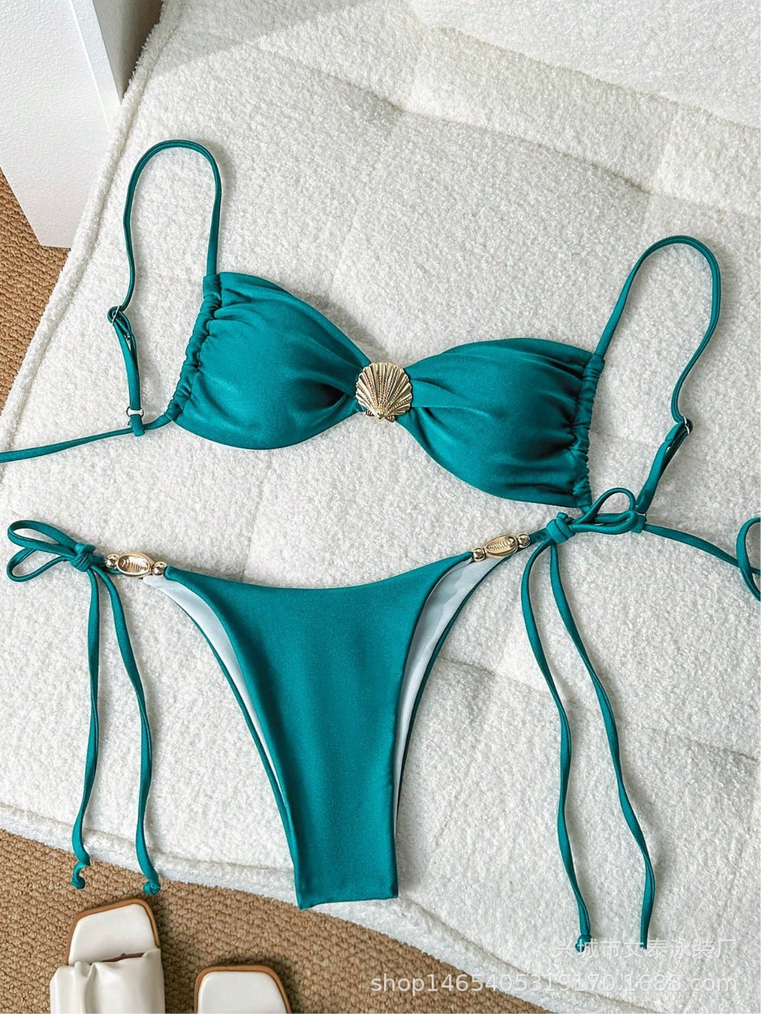 Wholesale Two-piece shell drawstring solid color swimsuit