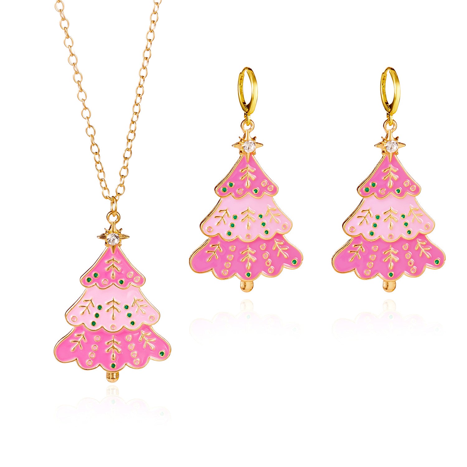 Wholesale Diamond-encrusted pink Christmas tree necklace