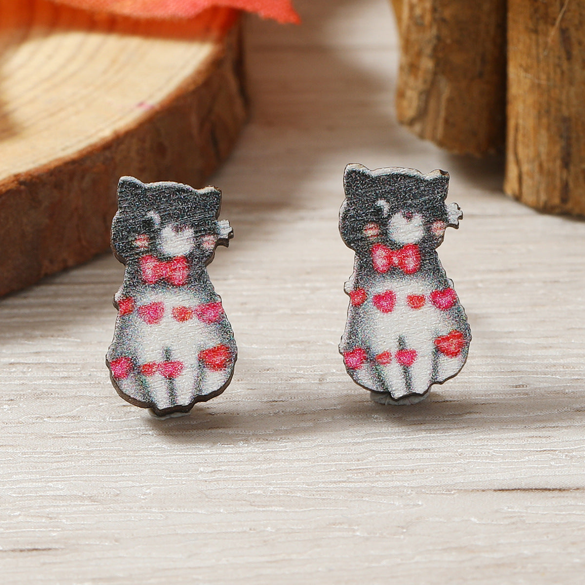 Wholesale Raindrop Umbrella Cat Love Cartoon Wooden Earrings