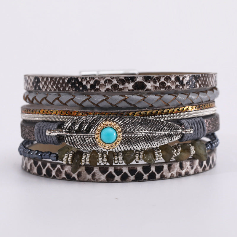 Wholesale Bohemian Feather Leather Turquoise Magnet Clasp Bracelet