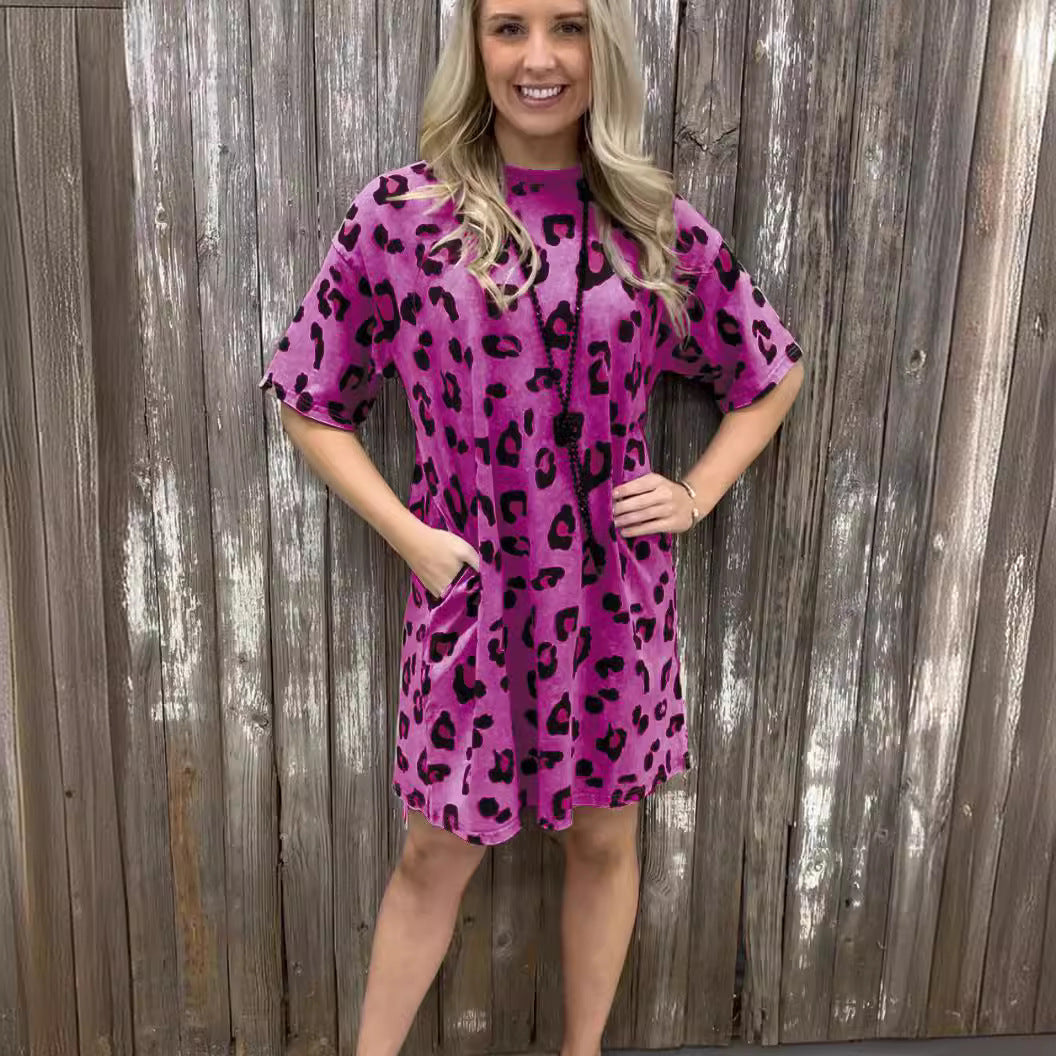 Wholesale One Step Skirt Leopard Print Round Neck Loose Dress