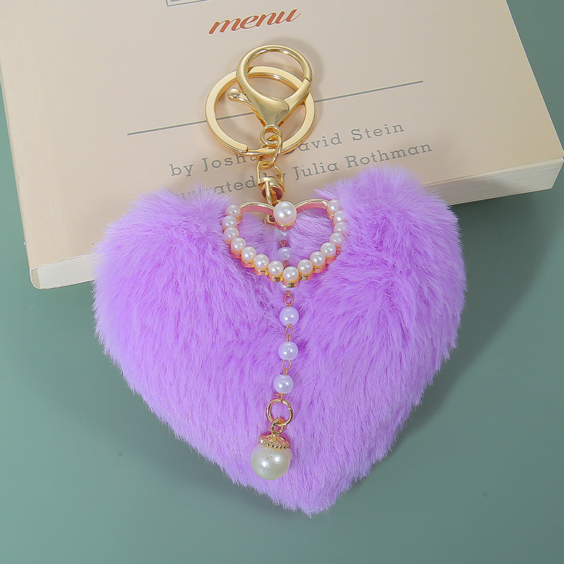 Wholesale Plush Peach Heart Pearl Love Heart Pom-Pom Keychain