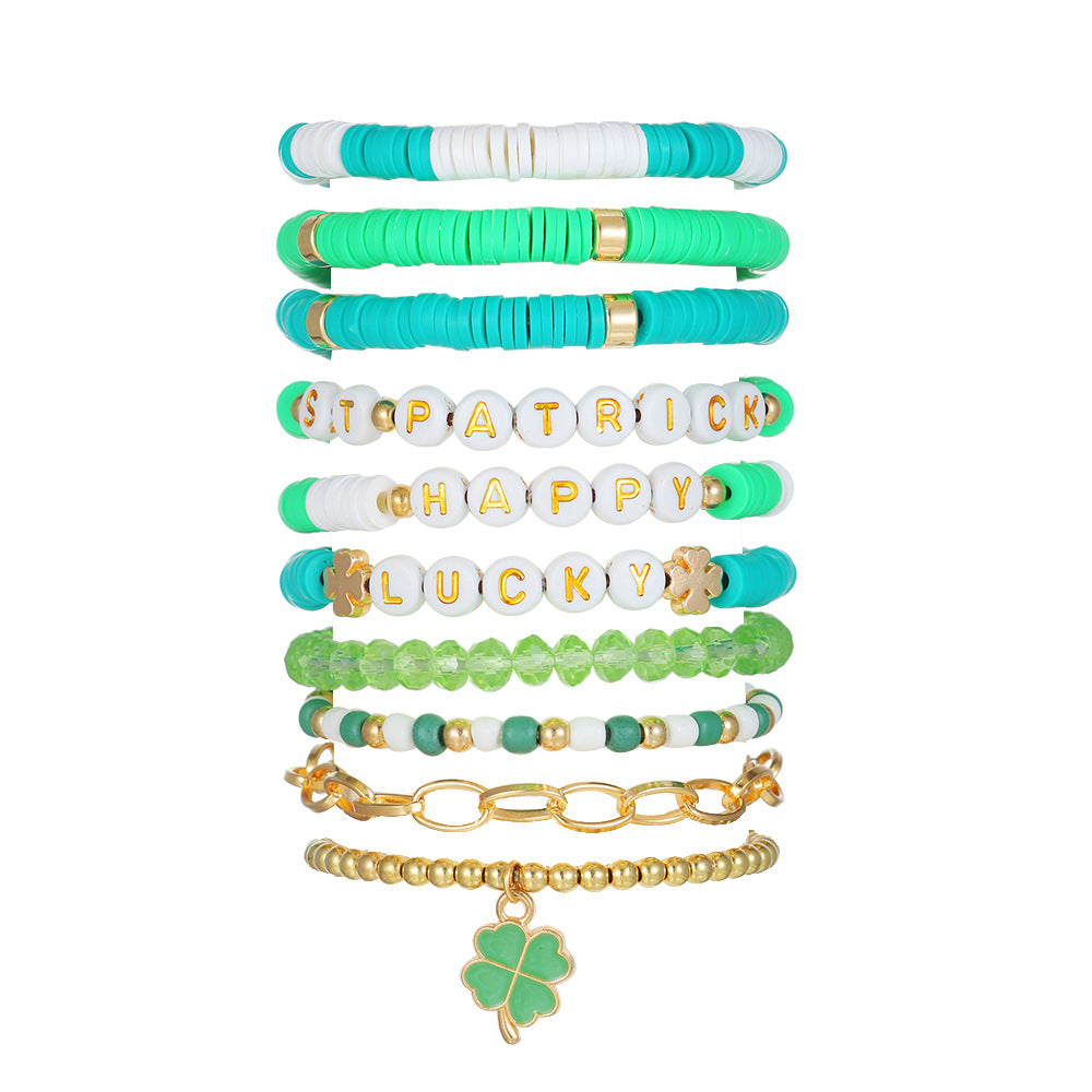 Wholesale St.  Patrick' s Green Clover Stacked Soft Ceramic Beaded Bracelet