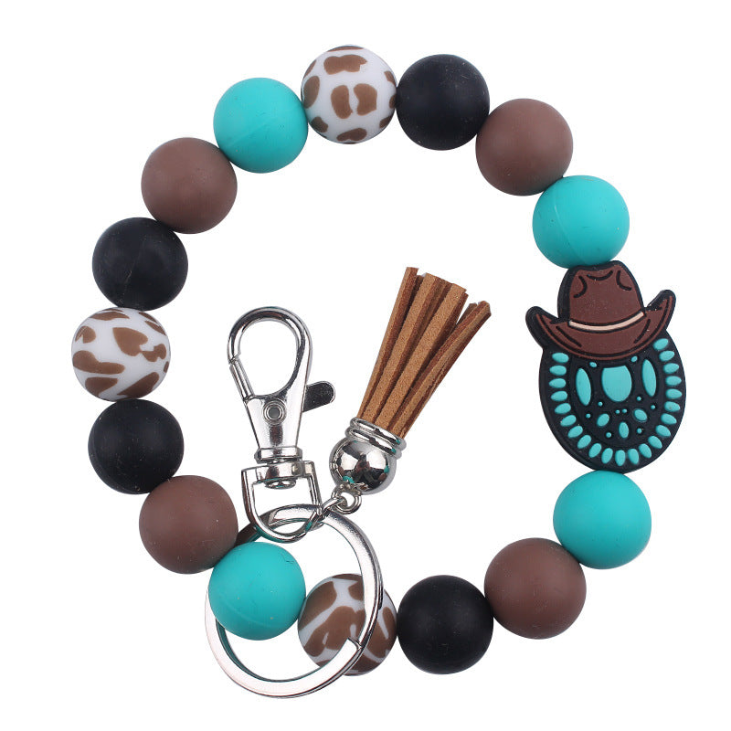 Wholesale Cartoon Western Style Cow Head Silicone Beaded Wrist Keychain