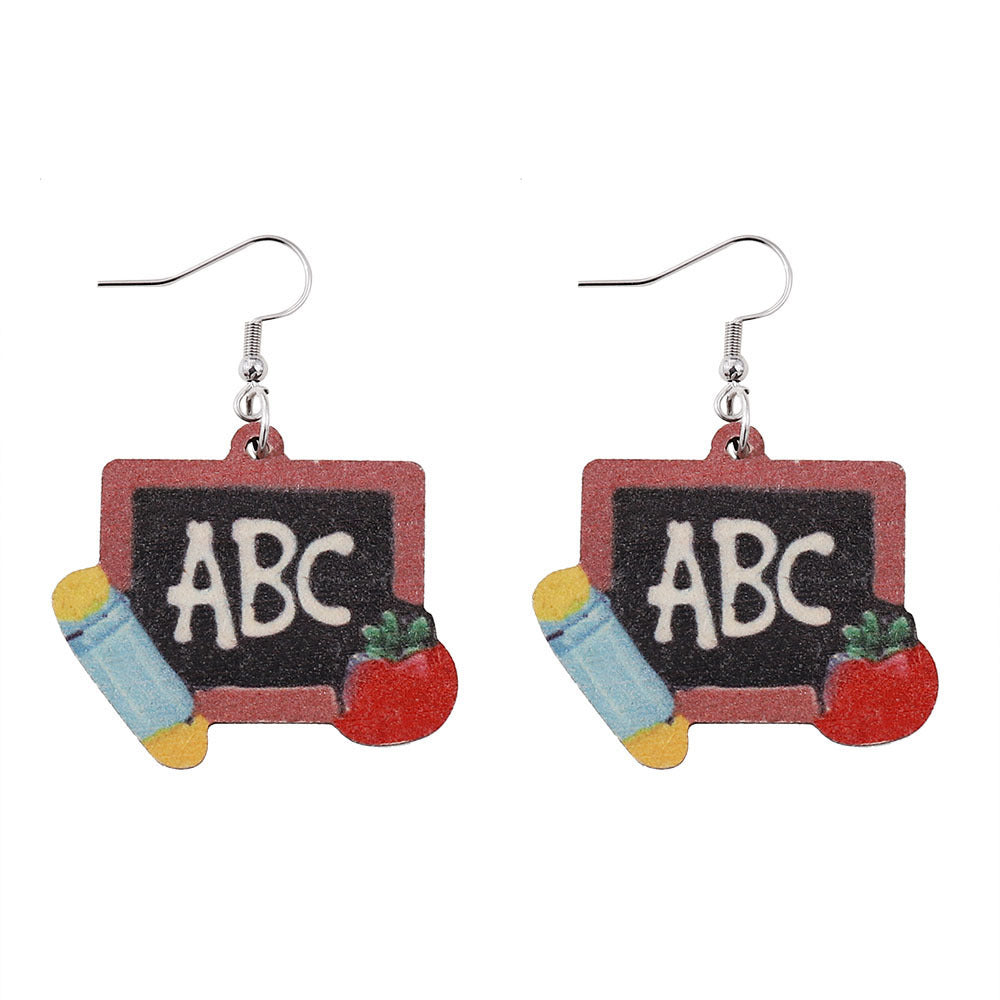Wholesale Teachers ABC Blackboard Apple Double Sided Wooden Earrings