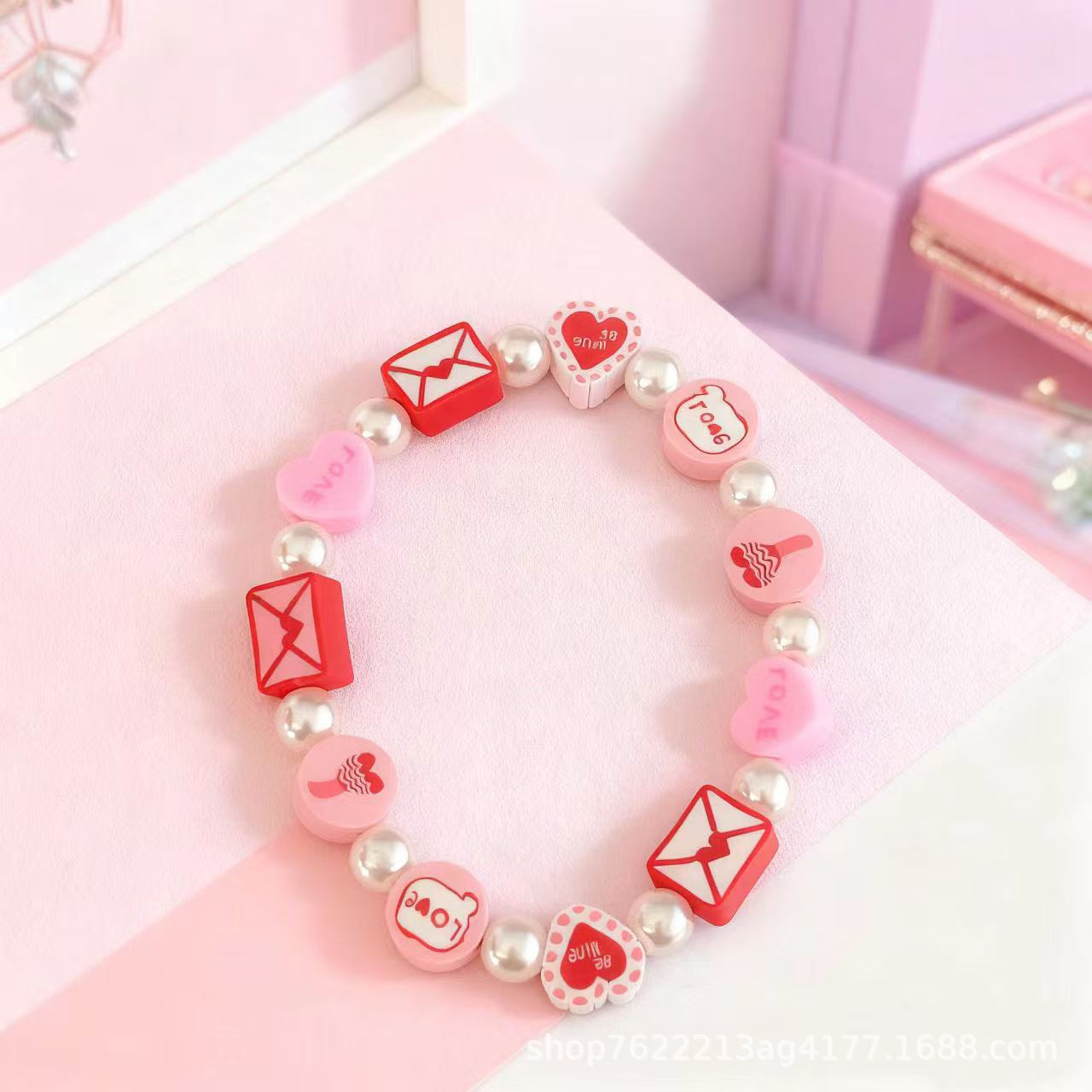 Wholesale Polymer Clay Valentine' s Day Bracelet With Multi-colored Hearts