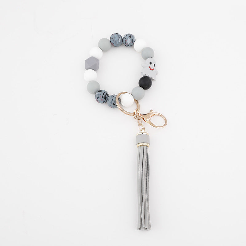 Wholesale 10PCS Silicone Bead Bracelets with Tassel Wood Beads Keychains