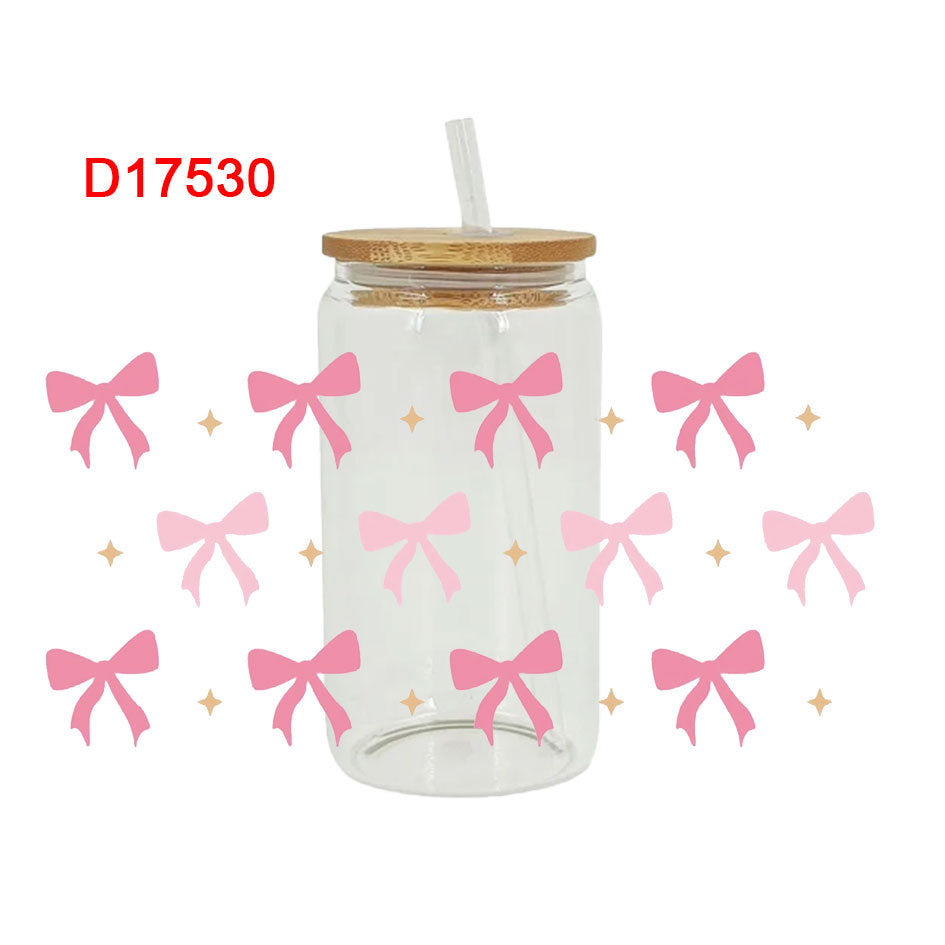 Wholesale Pink Cartoon Bow Ribbon 16oz Cup UV DTF Wraps