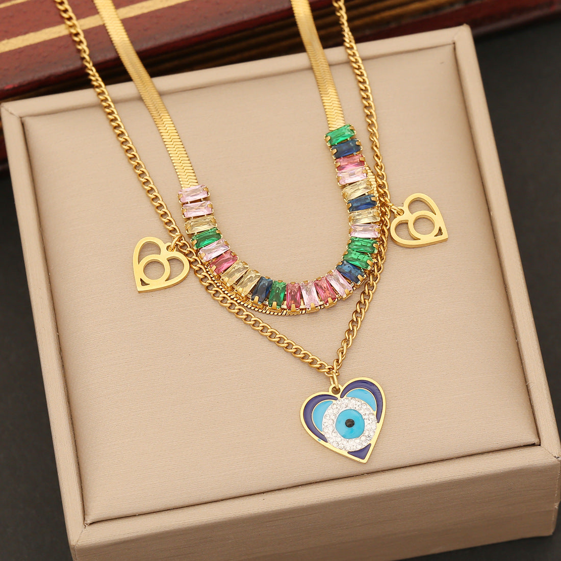 Wholesale Colorful Cubic Zirconia Necklace Stainless Steel Double Chain Heart Bracelet Set