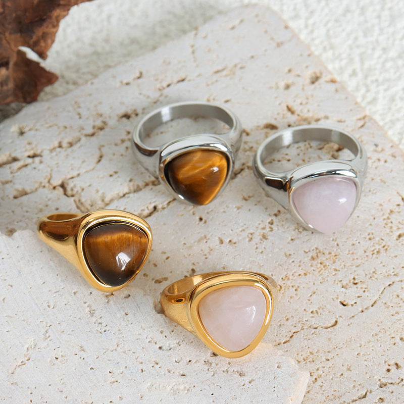 Wholesale Natural Rose Quartz Tiger Eye Stone Retro Couple Rings Titanium Steel Ring