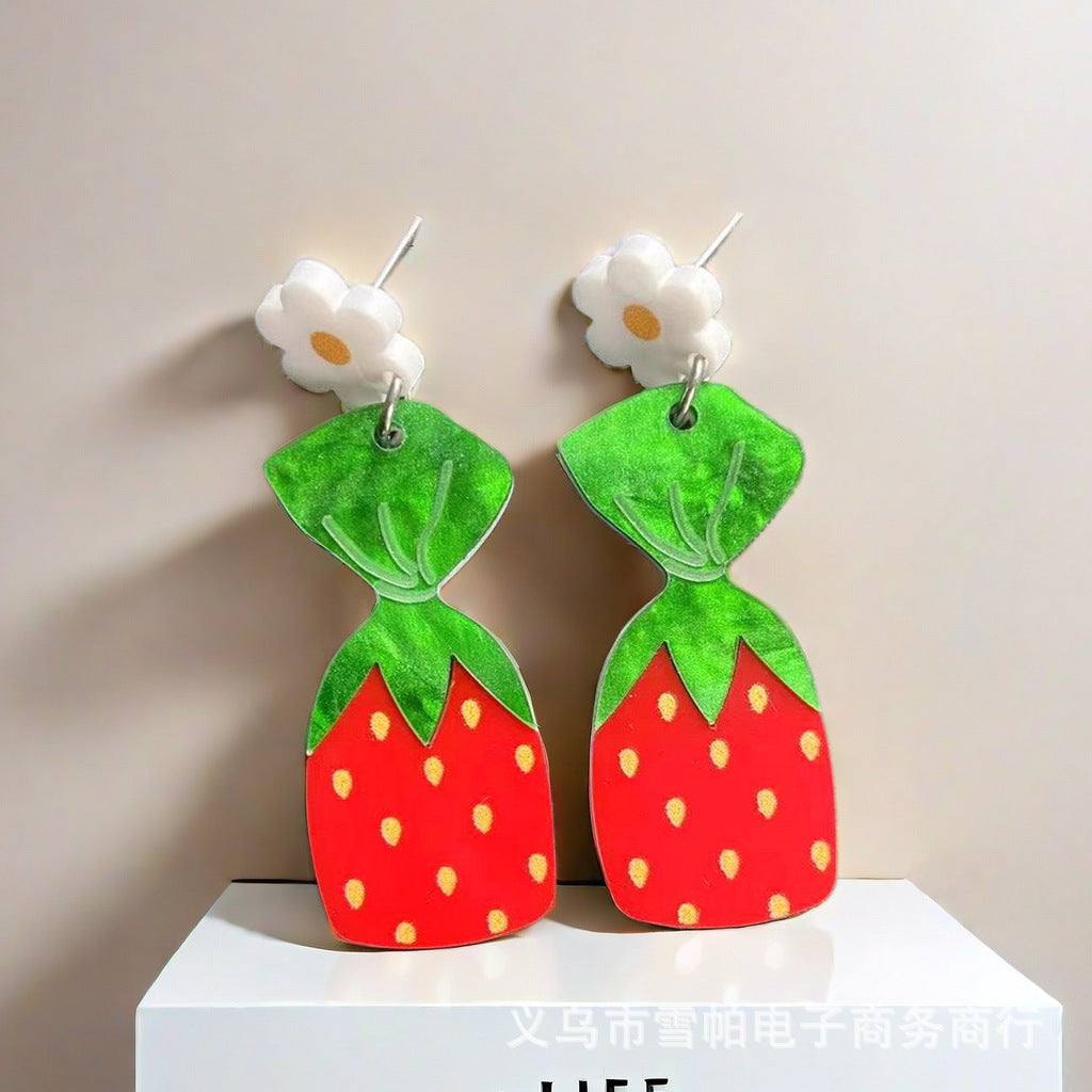 Wholesale Acrylic Fresh Sweet Red Flower Strawberry Earrings