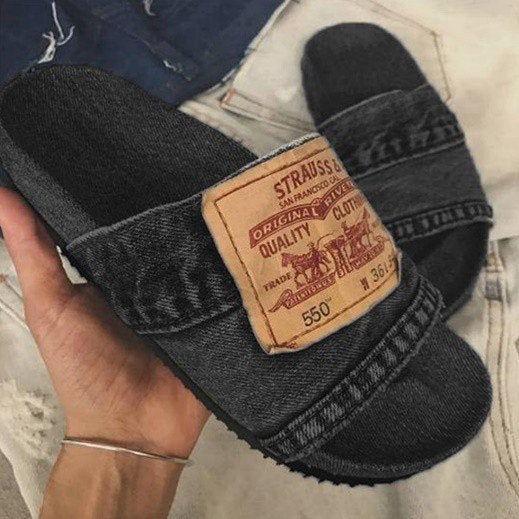 Wholesale Beach Solid Color Casual Denim Fish Mouth Flat Heel Low Top Slippers
