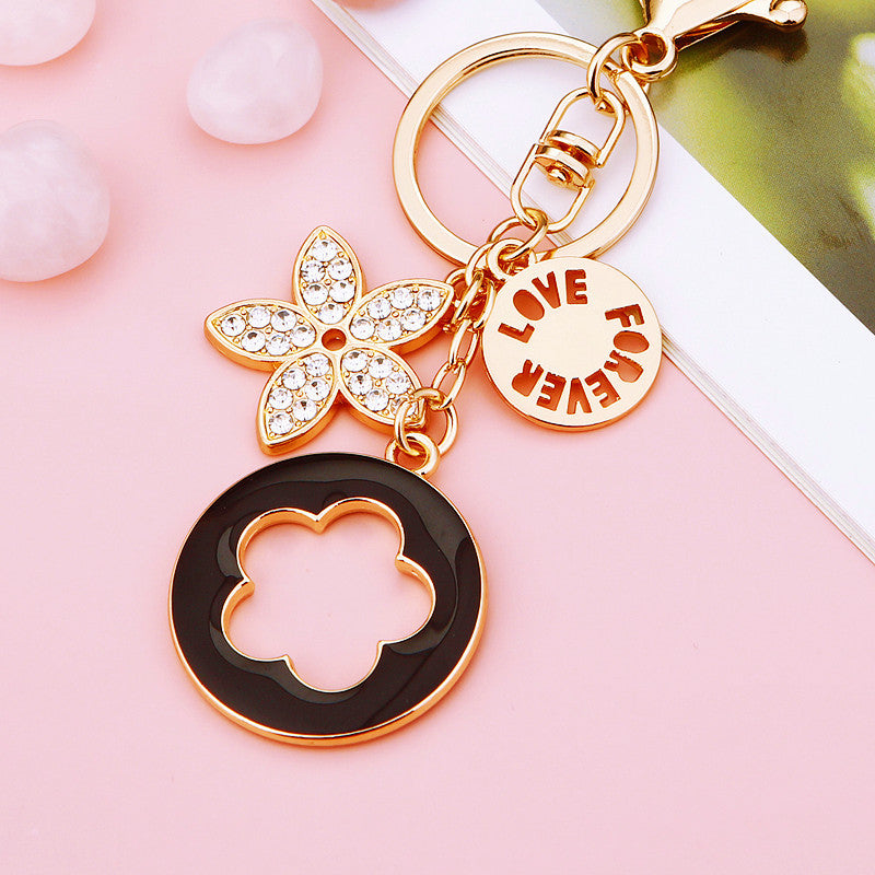 Wholesale Pink Four Leaf Clover Love Lock Keychain Rhinestone Inlaid Metal Car Key Ring Fashion Accessory Gift