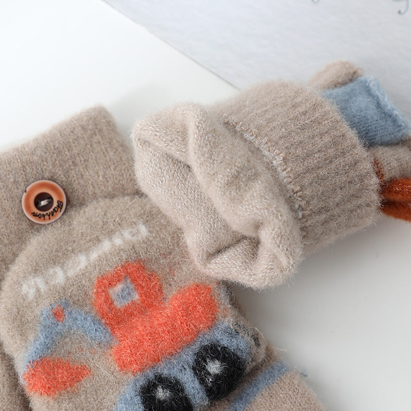 Wholesale Warm Flip Half Finger Knitted Cartoon Children's Imitation Cashmere Gloves