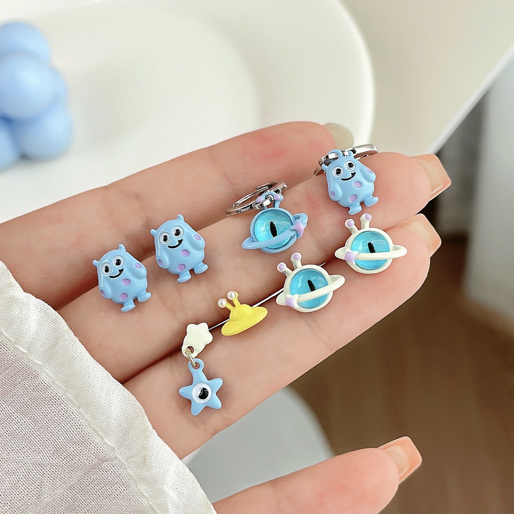 Wholesale Silver Needle Blue Little Monster Stud Earrings Set Cartoon Opal