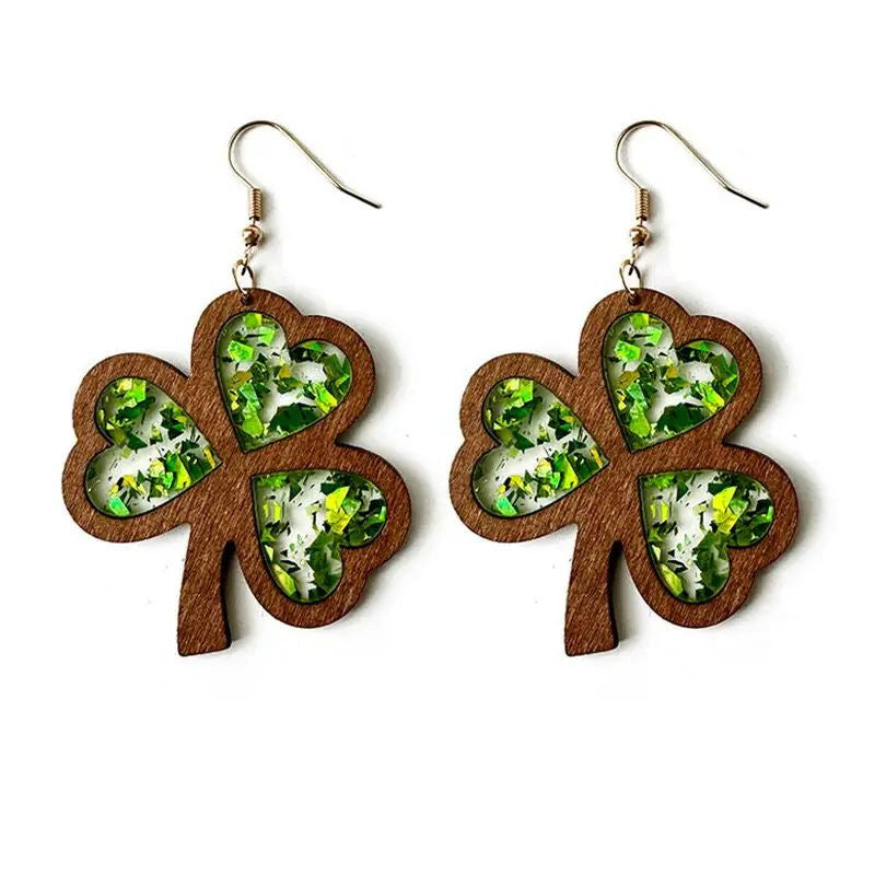 Wholesale Carnival Wooden Lucky Leaf Hinge Patcree Holiday Clover Pendant Earrings