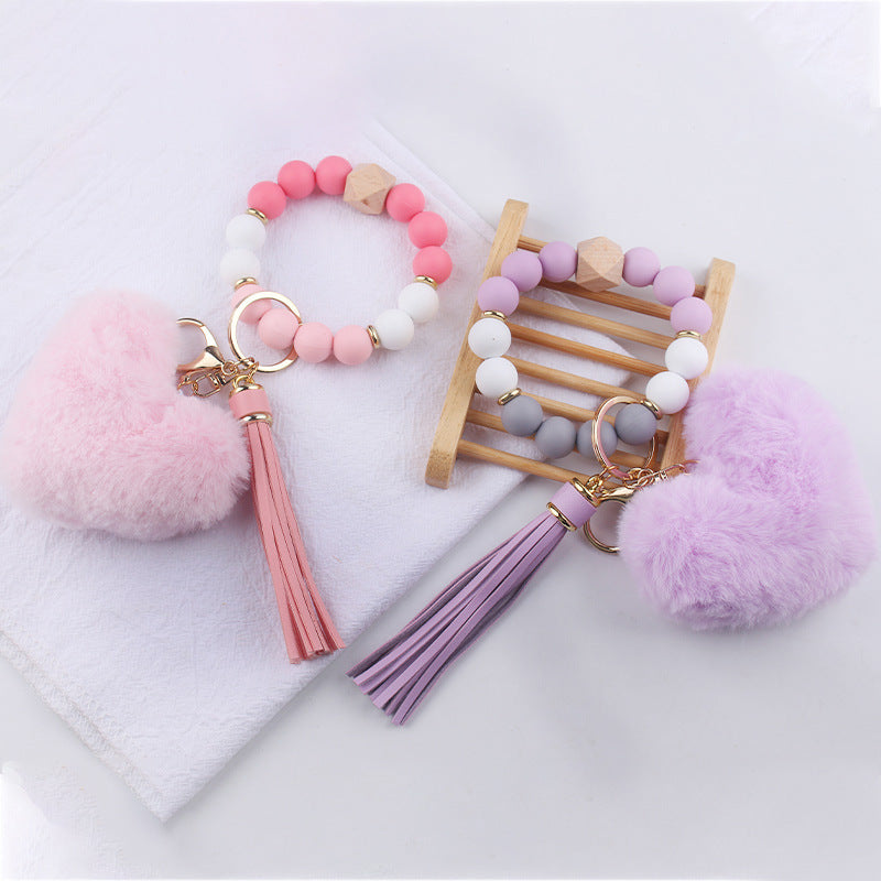 Wholesale Heart Shape Fur Ball Tassel Silicone Beaded Wrist Keychain