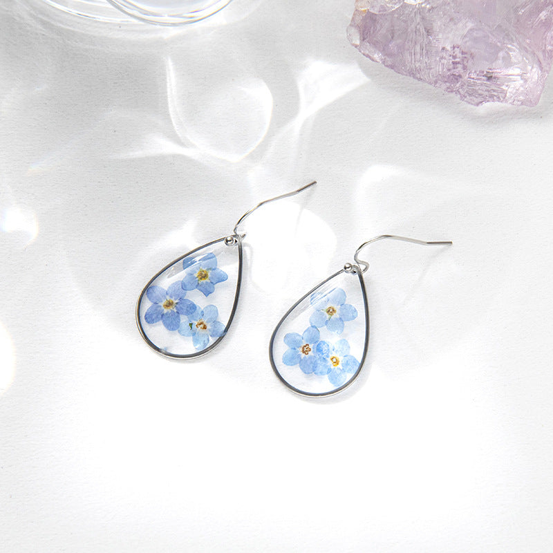 Wholesale 6pcs Forget-me-not Dried Flower Fashion Resin Water Drop Earrings