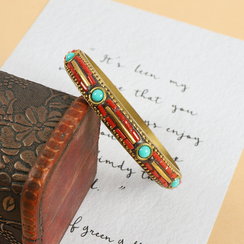 Wholesale Tibetan Nepalese Vintage Brass Bracelet with Turquoise